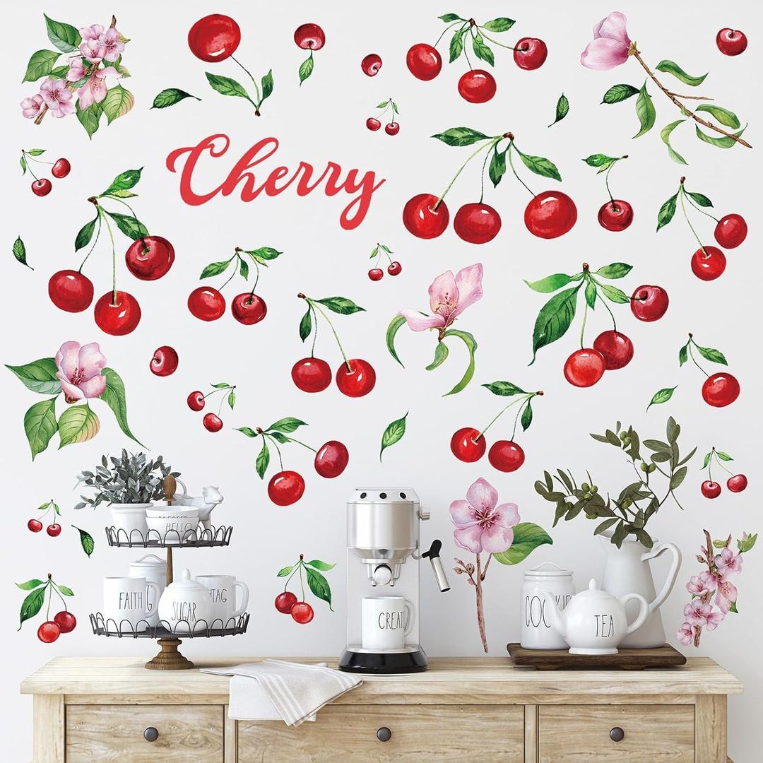 Epakh 41 Pieces Lemon Wall Stickers Apple Cherry Strawberry Fruit Stickers Peel and Stick Wall Decor for Kitchen Cabinet Window Country Restaurant Dining Room Decor (Cherry Style)