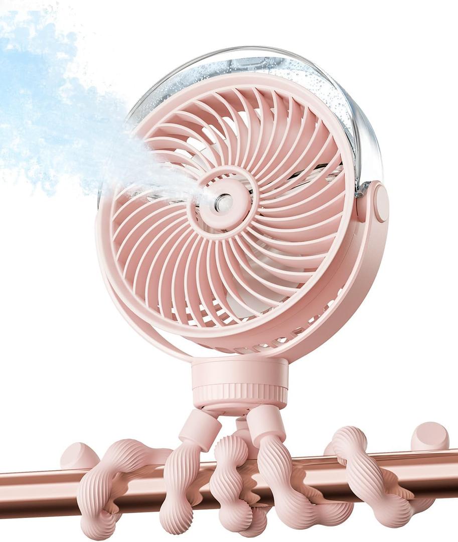 SWEETFULL Misting Stroller Fan  Portable Baby Fan with Spray Cooling, 4 Speeds, Quiet Rechargeable Fans for Travel, Outdoor, Golf Cart, Car Seat, Beach (Pink)