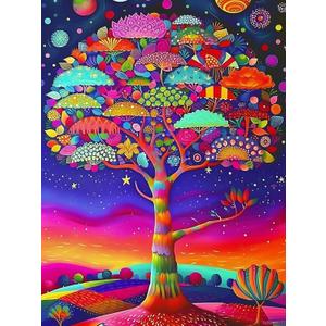 TUTUMAY21 Christmas Gift Colorful Tree on Night Sky with Stars Diamond Painting Kits, Tree of Life Full Round Diamond Art Kits, Home Wall Decor for New Year Valentine's Day 12x16 inch