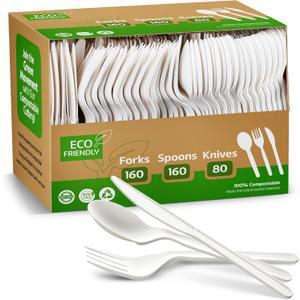 Elegant Disposables 100% Compostable PLA Combo Cutlery Set Disposable Plastic Forks Spoons Knives 400 Pcs Biodegradable Utensils