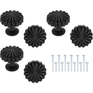 6 Pack Cabinet Knobs, 1.14" Dia. Round Dresser Knob Zinc Alloy Vintage Drawer Hardware Handles Pulls with Screws for Kitchen Cabinets Bedroom Dresser Wardrobe, Matte Black