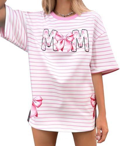Oversized Mama Shirts Women Pink Bow Graphic Mom Tshirt Funny Mom Life Tee Casual Mama Gifts Short Sleeve Tops Large