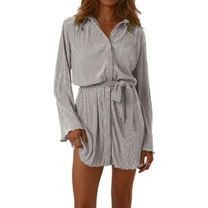 LYANER Women's Collar V Neck Button Down Pleated Long Sleeve Mini Shirt Dress with Belt