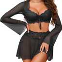 Avidlove Women's Sexy Contrast Lace Mesh Lingerie Set 3pcs Bell-Sleeved Top Lingerie Skirt (XX-Large, Black)