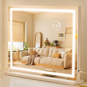 HIEEY Lighted Makeup Mirror, 18.1" x 22.8" Hollywood Vanity Mirror with Lights, Three Color Lighting Modes, with 5X Magnification Mirror, Smart Touch Control, 360Rotation (White)