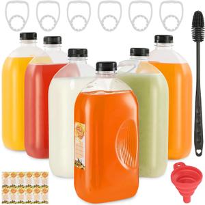 6pcs 64oz Empty Plastic Juice Bottles with Caps Reusable PET Food Grade Drink Bottles with Leak-Proof Tamper Evident Caps Bulk Clear Beverage Containers for Homemade Drinks Smoothie Milk