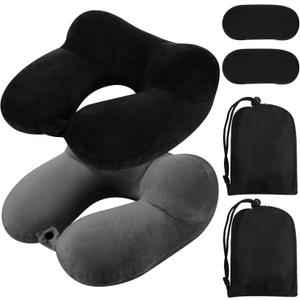 Sintuff 2 Pack Inflatable Travel Pillow for Airplanes Inflatable Neck Flight Pillows with Compact Bag and Blindfold for Traveling, Airplane, Train, Car, Office(Black and Dark Gray)