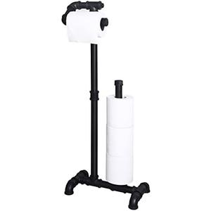 HouseAid Free Standing Industrial Pipe Toilet Paper Holder for Bathroom, Stand Rustic Iron Toilet Roll Holder with Reserve, Vintage Style, Matte Black