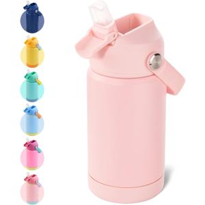 Kerilyn Kids Water Bottle, Stainless Steel Insulated Water Bottle For Kids, School, Boys Girls - Toddler Cup With Straws, Leak-proof, BPA Free, Pink, 12 oz