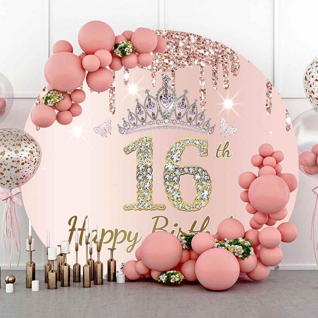 Sweet 16th Birthday Round Backdrop Cover, 7.2x7.2ft Polyester Pink Rose Gold Glitter Silver Diamonds Circle Backdrop, Chic Circular Happy 16 Bday Banner Decorations Photo Booth Prop YMBXTPH190