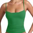 PINKMSTYLE Womens Runched Adjustable Spaghetti Strap Camisole Tank Tops Sleeveless Double Lined Slim Fit Tops (Green, S)