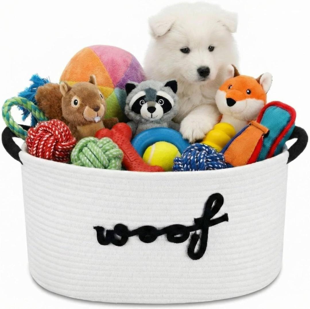 Woof Dog Toy Basket Woven Pet Baskets Storage Bin Box with Durable Handles, Woven Pet Basket Puppy Bins for Organizing Toys Dog Blankets and Accessories(20.5 x 11.4 x 8.7 Inch,Woof) (Large)
