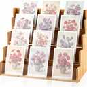 Yuntau 4 Tier Greeting Card Display Stand Wood Color Bamboo and Acrylic Sticker Display Stand Trading Card Holder Retail Photos Shelf for Vendors Craft Collection & Show
