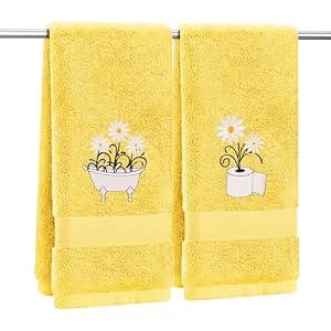 Ctdepuzi 2 Pcs Daisy Hand Towels for Bathroom Yellow Floral Decorative Bathroom Towels Embroidered 100% Cotton Spring Summer Flower Bath Towel 13.4x29 Inch for Home Kitchen Décor (Yellow, Daisy)