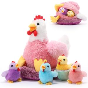Skylety 6 Pcs Chicken Stuffed Animal with Baby Chicks Inside Chicken Plush Toy for Kids Stuffed Animal Egg Laying Hen with Zippered Belly Farm Plushie for Birthday Gift(Chic Style)