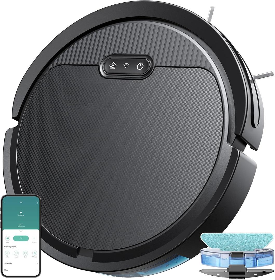 V3 Robot Vacuum and Mop Combo,Self-Charging,5000pa Strong Suction,WiFi/Alexa/App Control,3 in 1 Ultra-Slim Robotic Vacuum Cleaners for Hard Floors,Pet Hair and Low Pile Carpets (Black)