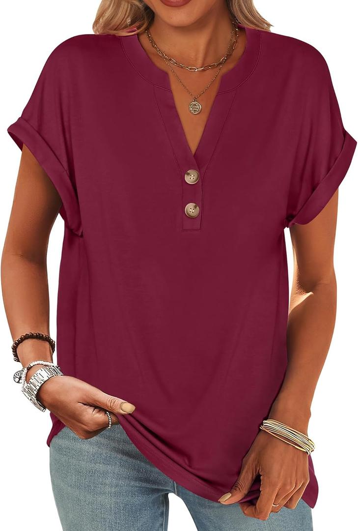 ANRABESS Womens Short Sleeve Henley Tops V Neck Dressy Casual Blouses Summer Trendy Tee Shirts 2026 Vacation Fashion Clothes (Large, Burgundy)