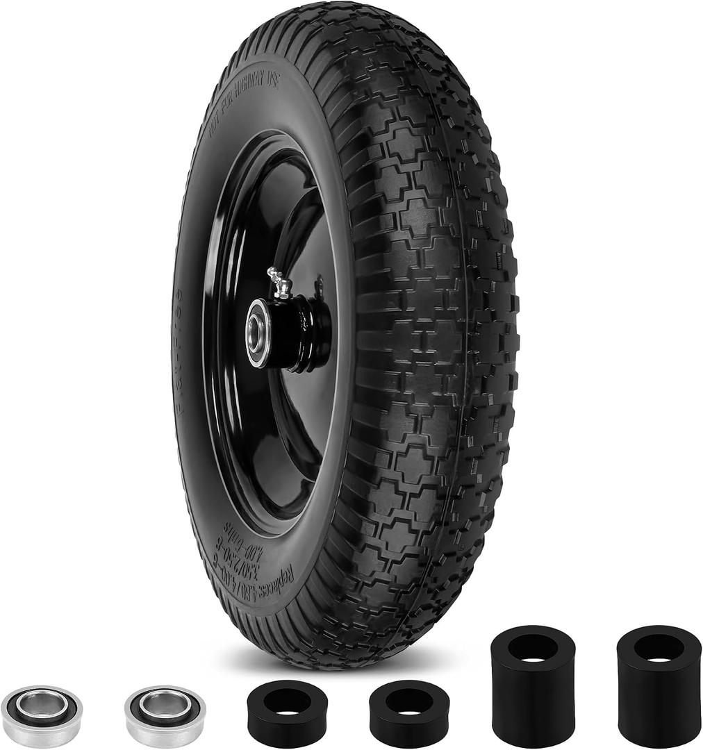 4.80/4.00-8" Flat Free Wheelbarrow Tires and Wheels, 14.5" Universal Fit Solid Tires with 5/8" or 3/4" Bearing, 3"-7" Hub, Adapter Kit Hand Truck Wheels Replacement for 3.50/2.50-8", 4.00-6"etc, 1 PCS