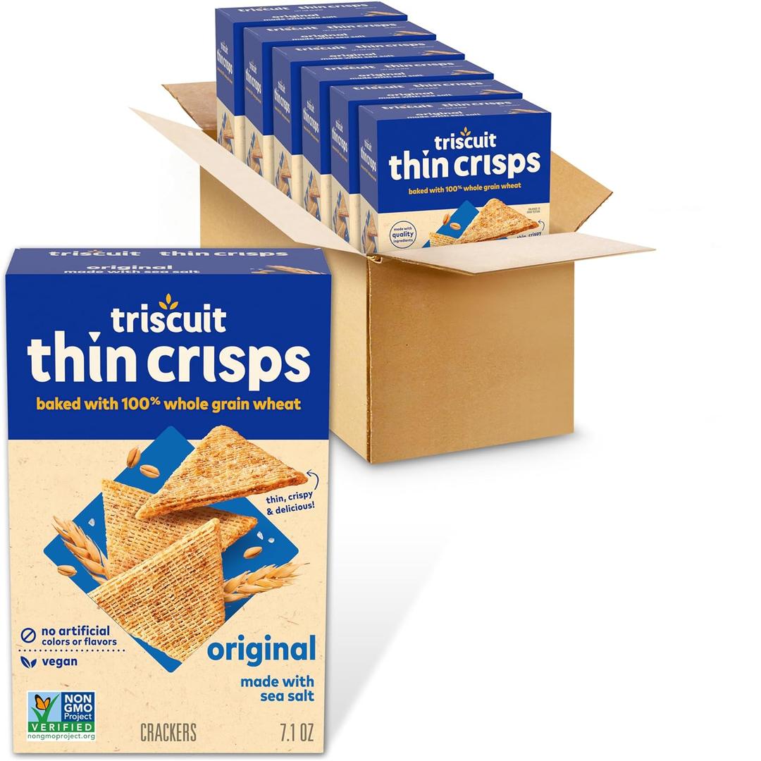 Triscuit Thin Crisps Original Whole Grain Wheat Crackers, Vegan Snacks, Bulk Snack Crackers, 6 - 7.1 oz Boxes (EXP 07/14/26)
