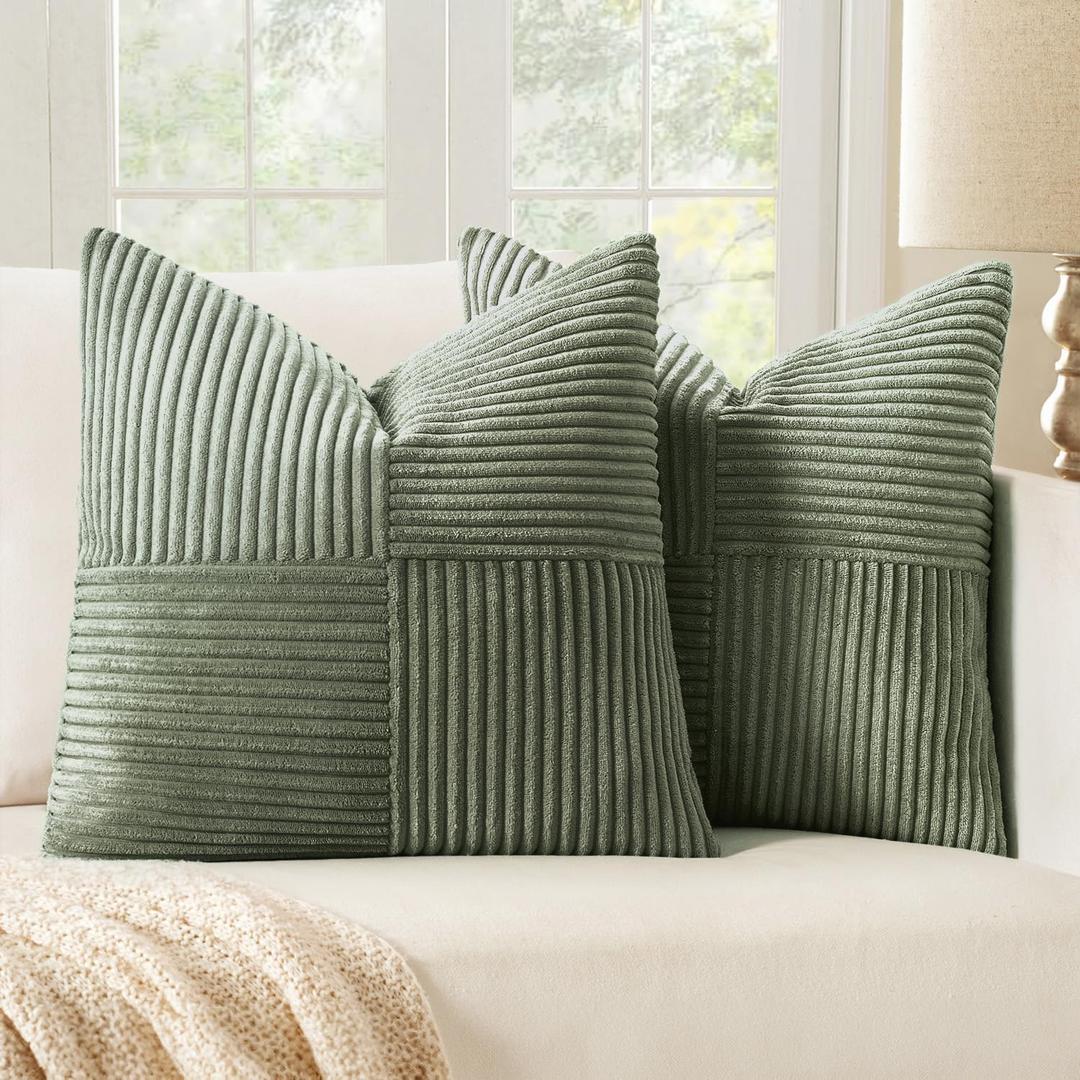 MIULEE Light Olive Green Decorative Throw Pillow Covers 18x18 Inch for Couch Bed Sofa Pack of 2 Boho Farmhouse Throw Pillows Soft Cross Corduroy Patchwork Textured Cushion Cases