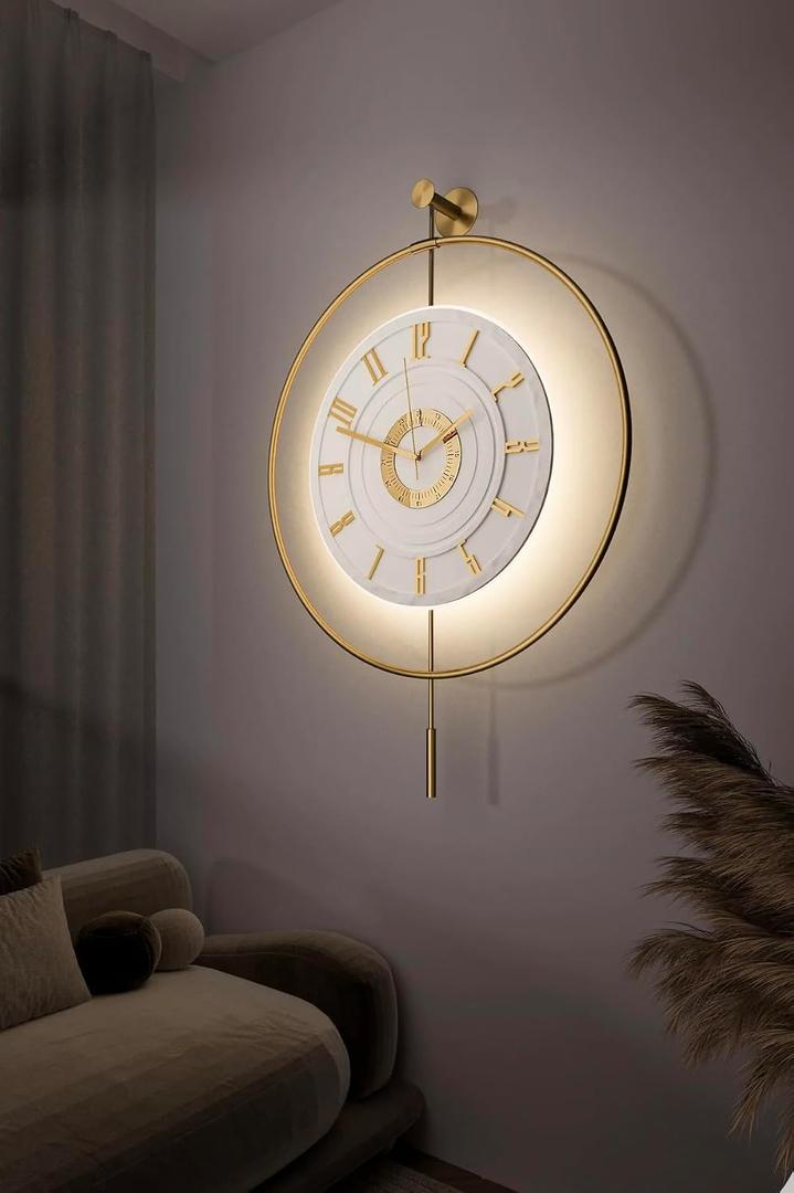 Large Luxury LED Backlit Wall Clock Pendulum Roman Numeral Metal Ring, Silent Non-Ticking Decorative Clock for Living Room Bedroom Entryway, Modern Halo Glow (Crystal Gold)