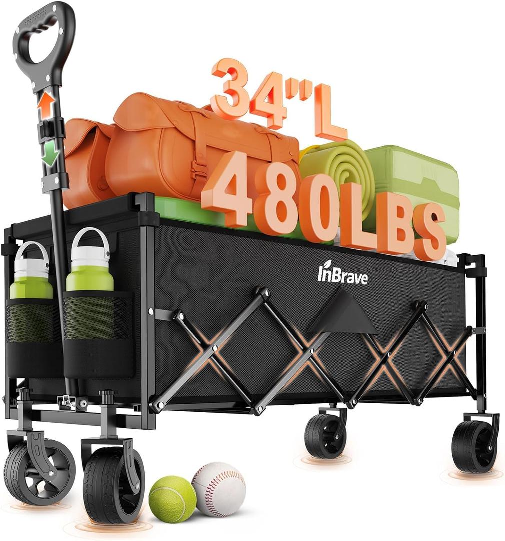 Extra Long Collapsible Wagon Cart, 480LBS Heavy Duty Utility Wagons with All-Terrain Wheels, Foldable Grocery Carts for Gardening, Shopping, Beach, Camping, Black (Ebony)