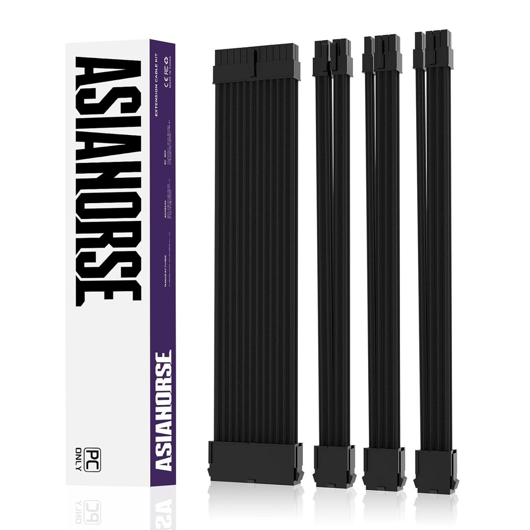 AsiaHorse 18AWG PSU Cable Extension Sleeved Custom Mod GPU PC Audio Video Power Supply Soft Braided Cables with Two Color Comb Kit 24P/8P to 6+2P/ 8P to 4+4P 30CM (Black)