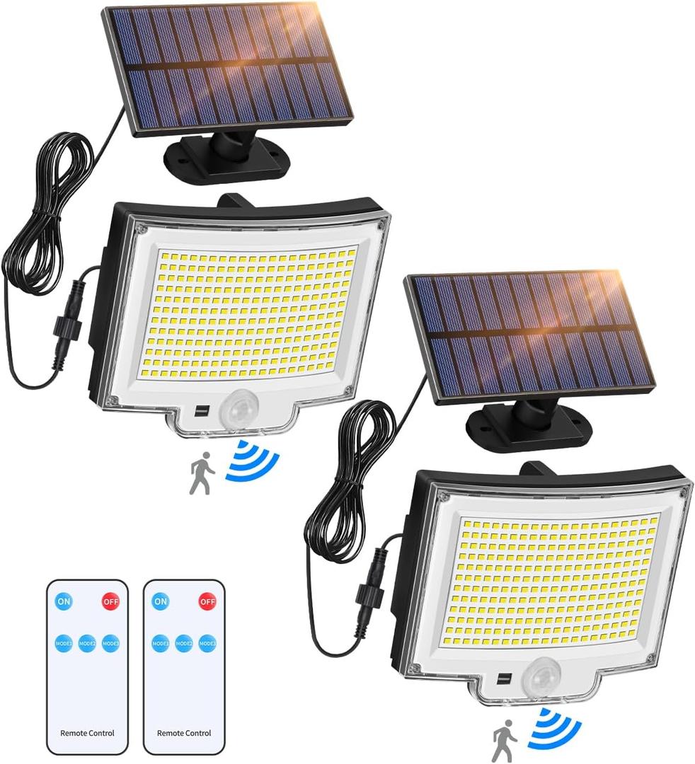 Solar Flood Light with Remote, 3800LM 16.5 FT Cable Outdoor Solar Flood Light, 6500K Dusk to Dawn Light with 3000mAh Battery, IP66 Waterproof Flood Light for Porch Garage 2 Pack