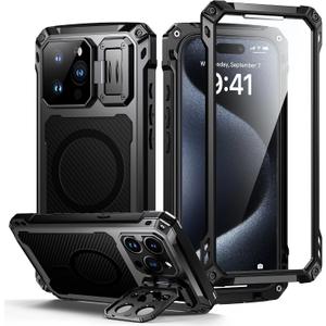 Lanhiem for iPhone 15 Pro Max Metal Case with Kickstand, Compatible with MagSafe, Built in Glass Screen Protector, Heavy Duty Rugged Full Body Tough Phone Cases (Black)