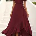 PRETTYGARDEN Women's Summer Wrap Maxi Dress Casual Boho Floral V Neck Short Sleeve Ruffle Hem Split Beach Long Dresses (Z_Wine Red, Medium)
