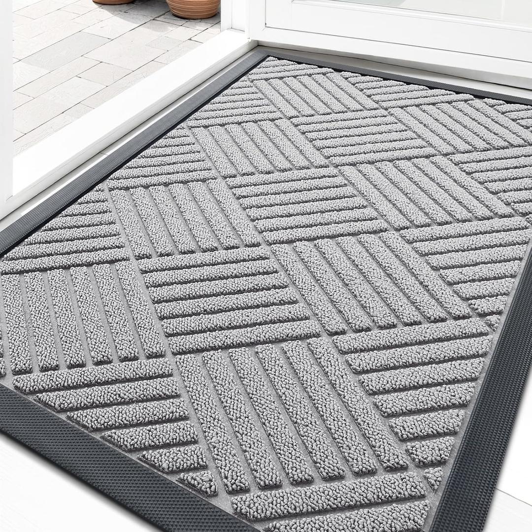 OLANLY Front Door Mat Outside Entrance 33x21, Absorbent, Heavy Duty Sturdy Natural Rubber Doormat Indoor Outdoor, Stain Fade Resistant, Non-Slip Low Profile Floor Mat for Entryway, Light Gray Diamond