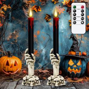 Eldnacele Halloween Flameless Taper Candle Lights Battery Operated with Remote and Timer, 2 Pack Skeleton Hand Holders Black Dripping Wax Effect LED Flickering Candles Home Decor(3 x 12)