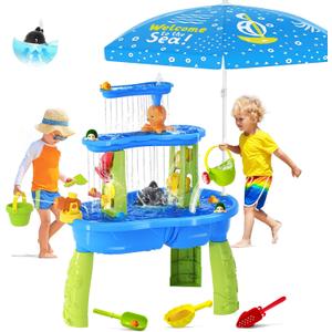 Upgraded Water Table for Toddler 3-5, 3-Tier Kids Sand&Water Activity Sensory Playset with Pump, Umbrella&Water Accessories Rain Showers Splash Pond Summer Toys Outdoor Water Play Table for Boys Girls