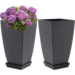 Set of 2 Large Outdoor Planters, 21 inch Tall Outdoor Planter with Drain Hole & Saucers, Tall Planter for Porch, Garden, Patio, Balcony(Lead Gray)
