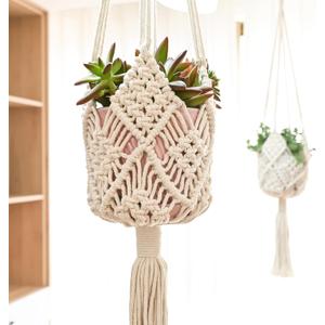Hanging Planter with Patterns,2Packs Macrame Plant Hangers Indoor Macrame for up to 8 inch Pot Crochet Boho Plant Hanger Holder for Indoor Outdoor with 2S Shaped Stainless Steel Hooks (White)