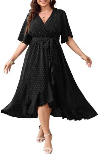 SCOMCHIC Women's Plus Size Summer Dresses Short Sleeve Wrap V Neck Swiss Dot Boho High Low Split Ruffle Maxi Dress, 1XL