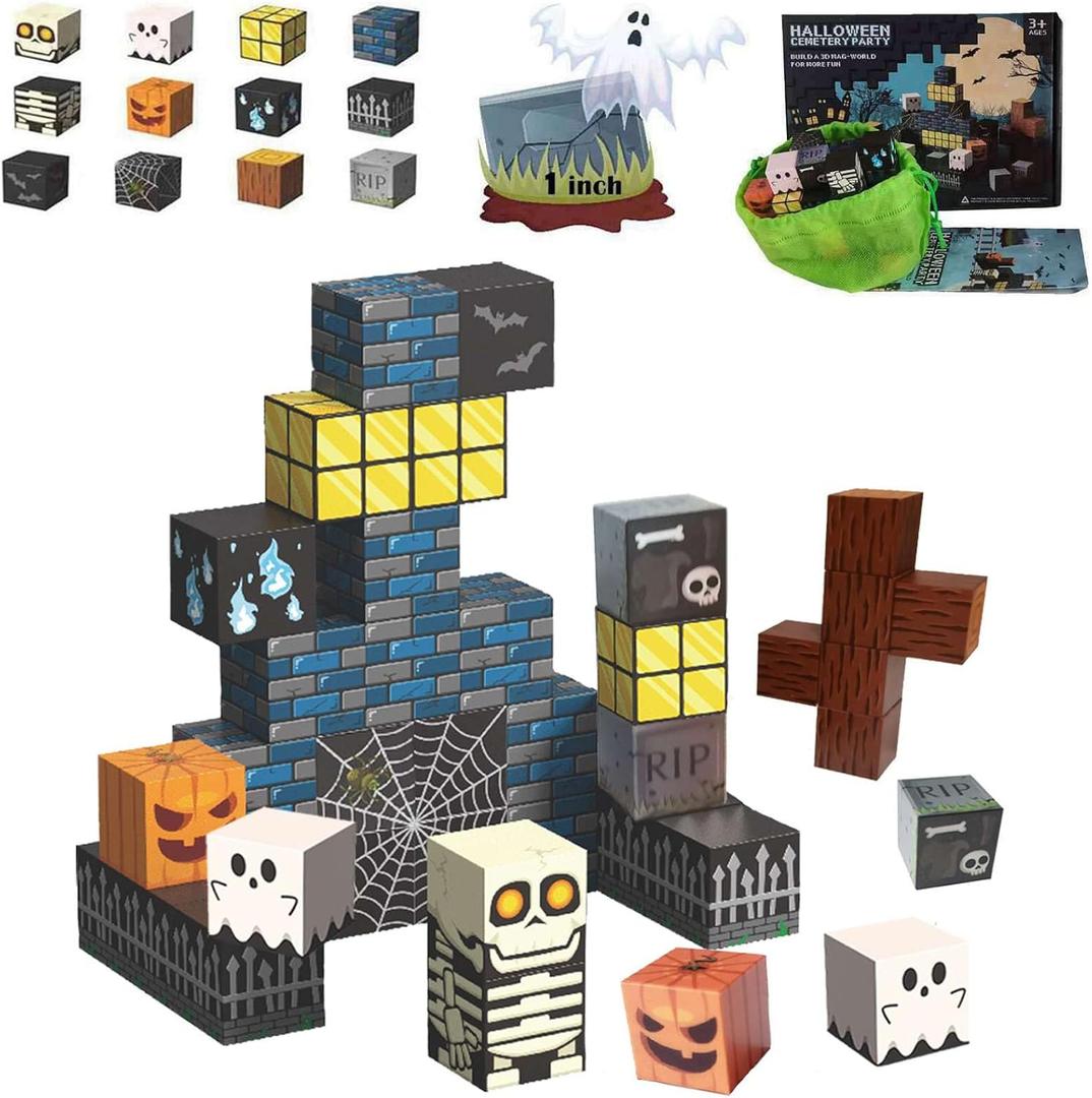 Magnetic Blocks Kids Skeleton Toy Spooky Town Building Blocks Halloween Themed Toys (1 inch)