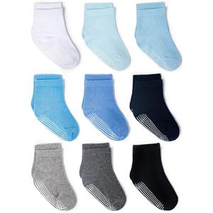 ZAPLES Baby Non Slip Grip Crew Socks with Anti Skid Soles for Infants Toddlers Kids Boys Girls (1-3T, Boys - 9 Pairs)