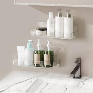 2pc Acrylic Wall Mount Organizer - Adhesive Shelf - Wall Organizers - No Drilling - Bathroom Shelves - Stick Wall Shelf with 3packs Self Adhesive Tapes, for Bathroom, Kitchen-Clear
