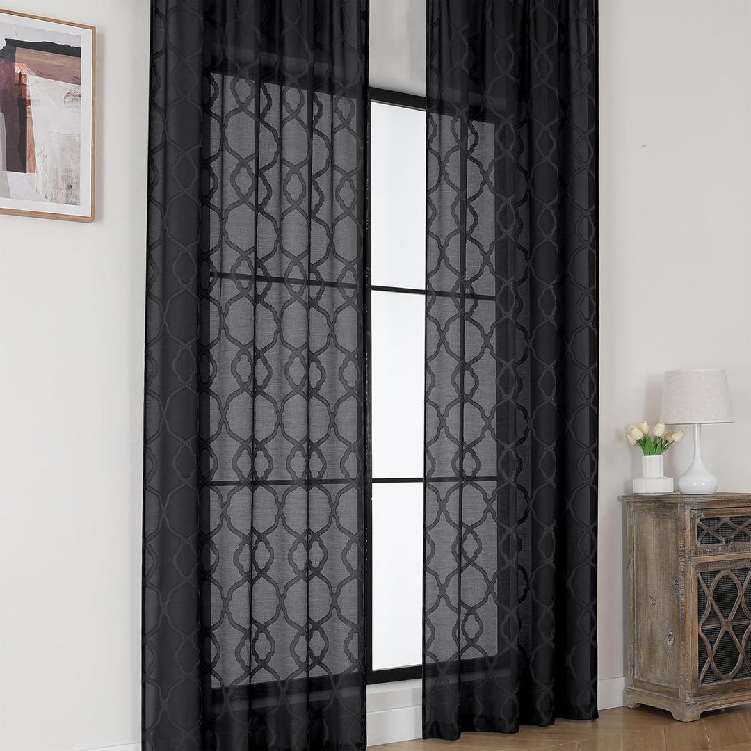OWENIE Sheer Curtains 72 inches Long 2 Panels Set, Light Filtering Top Rod Pocket Semi Sheer Door Curtains, Modern Textured Geometric Jacquard Clip Black Curtains for Bedroom Living Room, 40Wx72L inch (42"W x 72"L (Pack of 2))