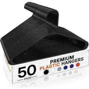 HOUSE DAY White Plastic Hangers 50 Pack, Plastic Clothes Hangers with Built-in Hooks, Durable and Strong Plastic Coat Hangers for Closet, Space Saving Clothing Hanger for Shirts, Coats, Skirt, Dress