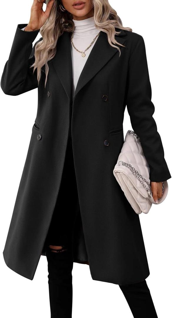 Danedvi Womens Long Double Breasted Coats Lapel Collar Pea Coat Winter Slim Fit Jackets Trench Coat Outwear (Large, Black)