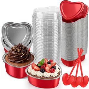 60 Set 3.4 oz Heart Shaped Cake Pans with Lids Spoons for Baking Aluminum Foil Cupcake Cups Disposable Mini Plastic Spoons Heart Containers for Valentine's Day Wedding Birthday Party (Red)
