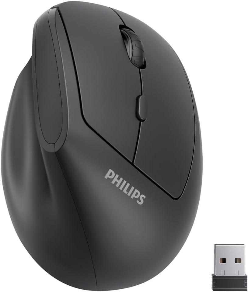 Philips Ergonomic Mouse - Vertical Mouse with 800/1200/1600 Adjustable DPI, 6 Silent Buttons Design for S/M Hands, Auto Power Saving, Light Weight, 2.4GHz Wireless Mouse for Laptop, Desktop, PC-Black