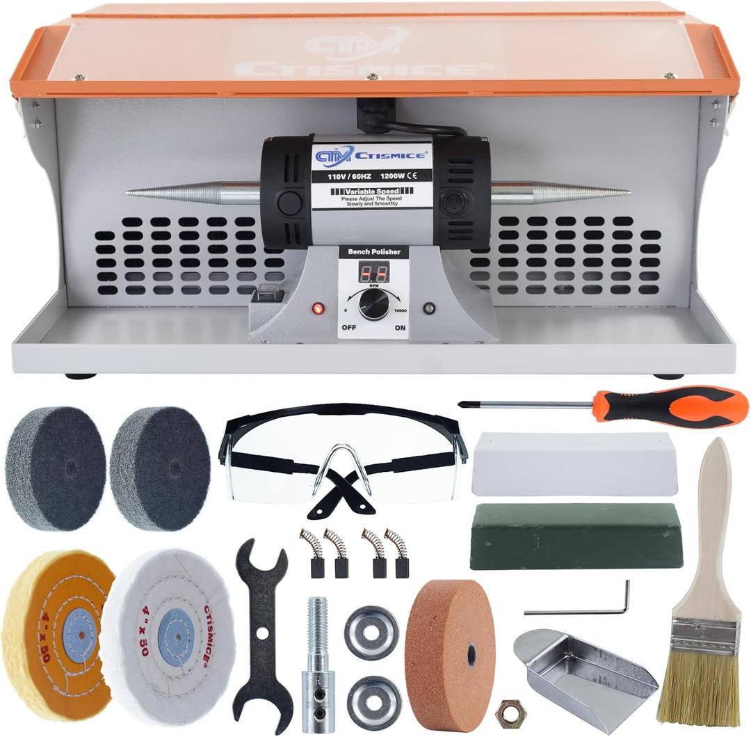 1200W Jewelry Polisher with Display Screen, Variable Speed Bench Polishing Buffing Machine with Dual Exhaust Fan Blower, Dust Collector, Work Light and Eye Shield for Jewelry, Metal, Wood
