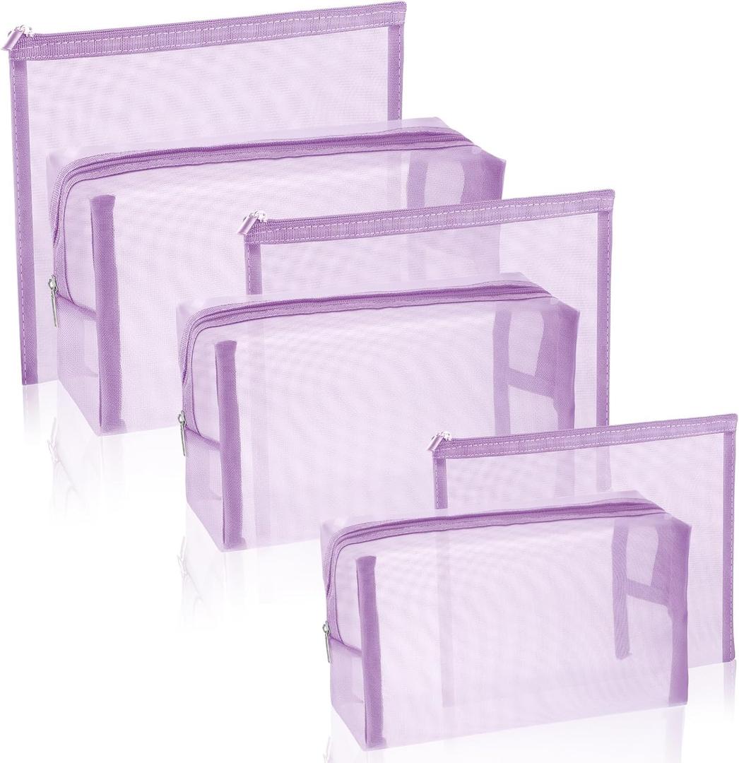 6 Pieces Mesh Makeup Bags Mesh Cosmetic Bag Portable Travel Organizing Zipper Pouch Toiletries Makeup Pouches for Home Office Travel Accessories (Light Purple)