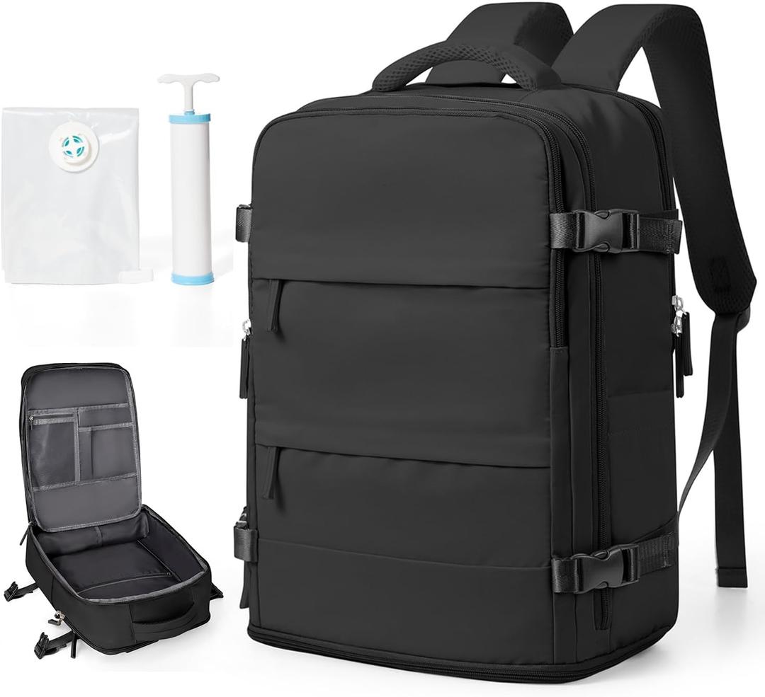 Black Travel Backpack For Women Men Carry On Backpack With Vacuum Compression Seal Bags Personal Item Travel Bag Space Saver Vacuum Storage Bags With Manual Pump