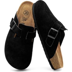 Women's Suede Clogs Men's Slip-On Mules Non-Slip Potato Shoes Arch Support Sandals with Adjustable Buckle for Indoor & Outdoor Use (Black )