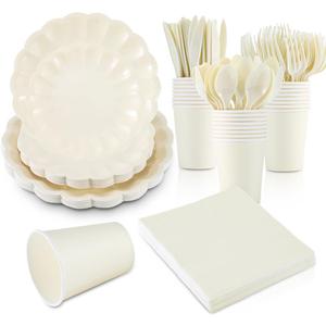 168Pcs Party Plates and Cups and Napkins Sets for 24 Guest Scalloped Paper Plates and Napkins Knives Spoons Forks Cups Disposable Party Set Cutlery for Dinner Baby Shower Wedding Favor(Cream White)