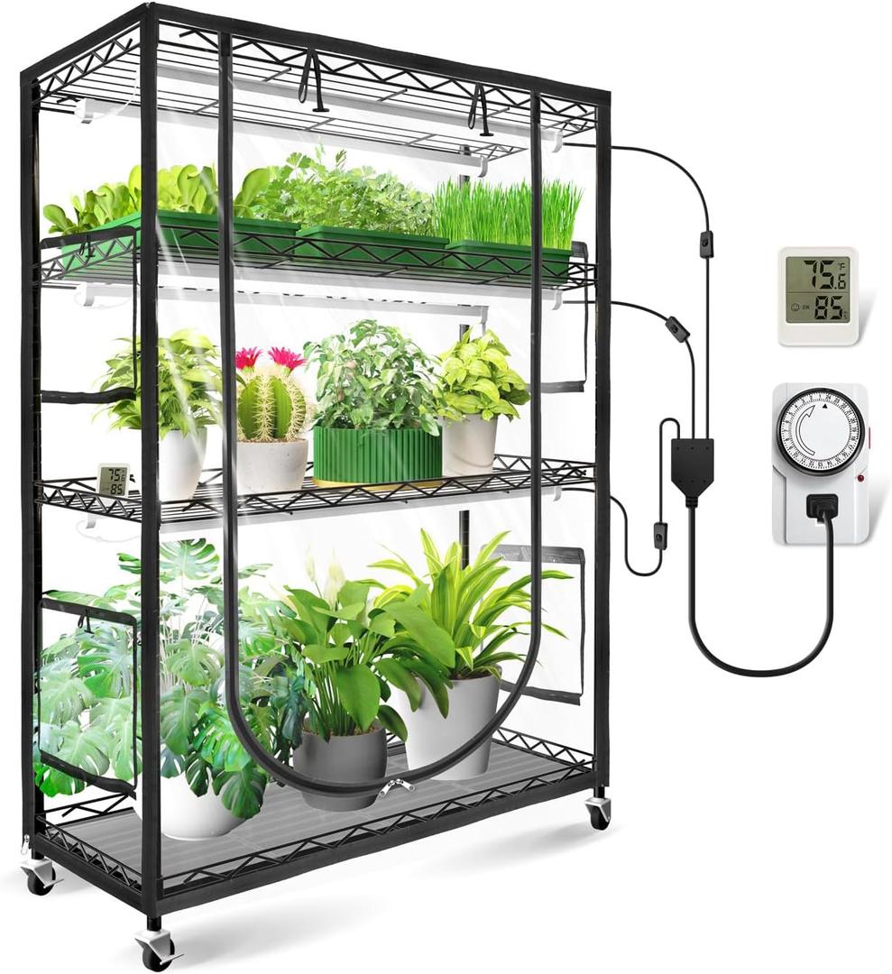 JESLED Indoor Greenhouse with Grow Light, 3FT Full Spectrum 5000K LED Light for Seed Starting, Tiered Lighting Control, Built-in Timer & Thermo-Hygrometer, Rolling Metal Plant Stand (35.4x13.8x59IN)